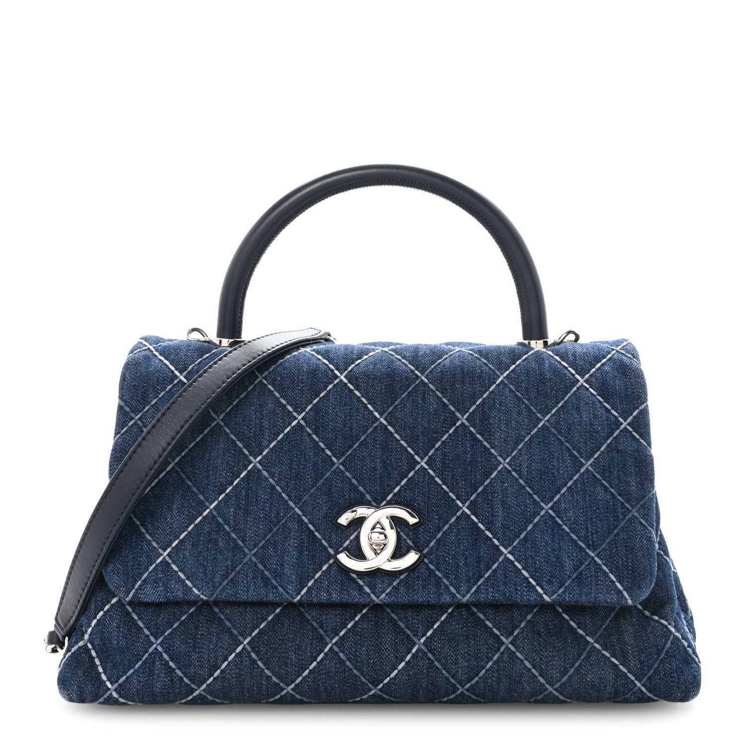 Denim Quilted Small Coco Handle Flap Blue