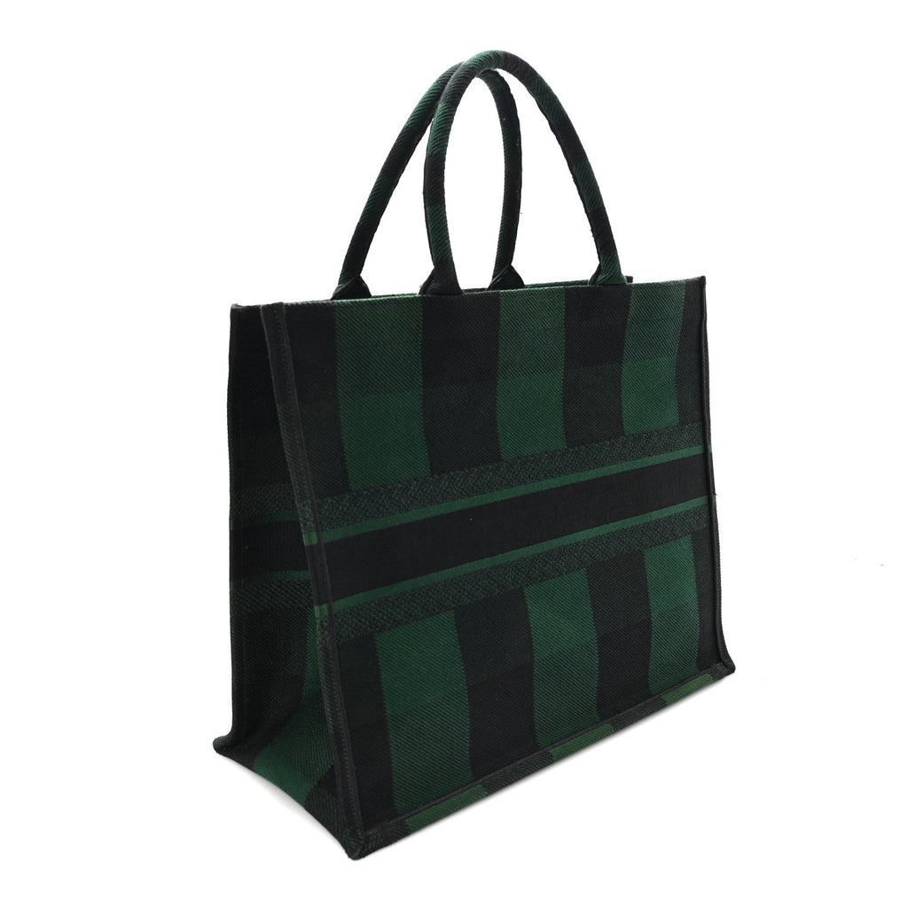Canvas Embroidered Large Checkered Book Tote Black Green