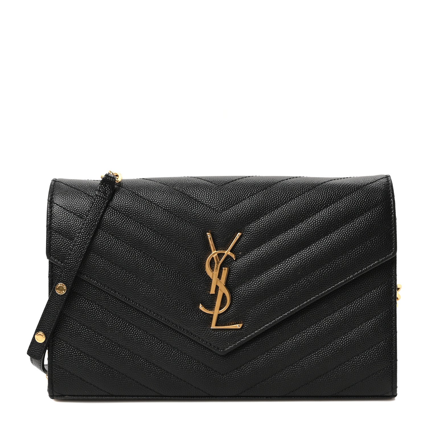 Grain De Poudre Matelasse Chevron Monogram Envelope Chain Wallet Black