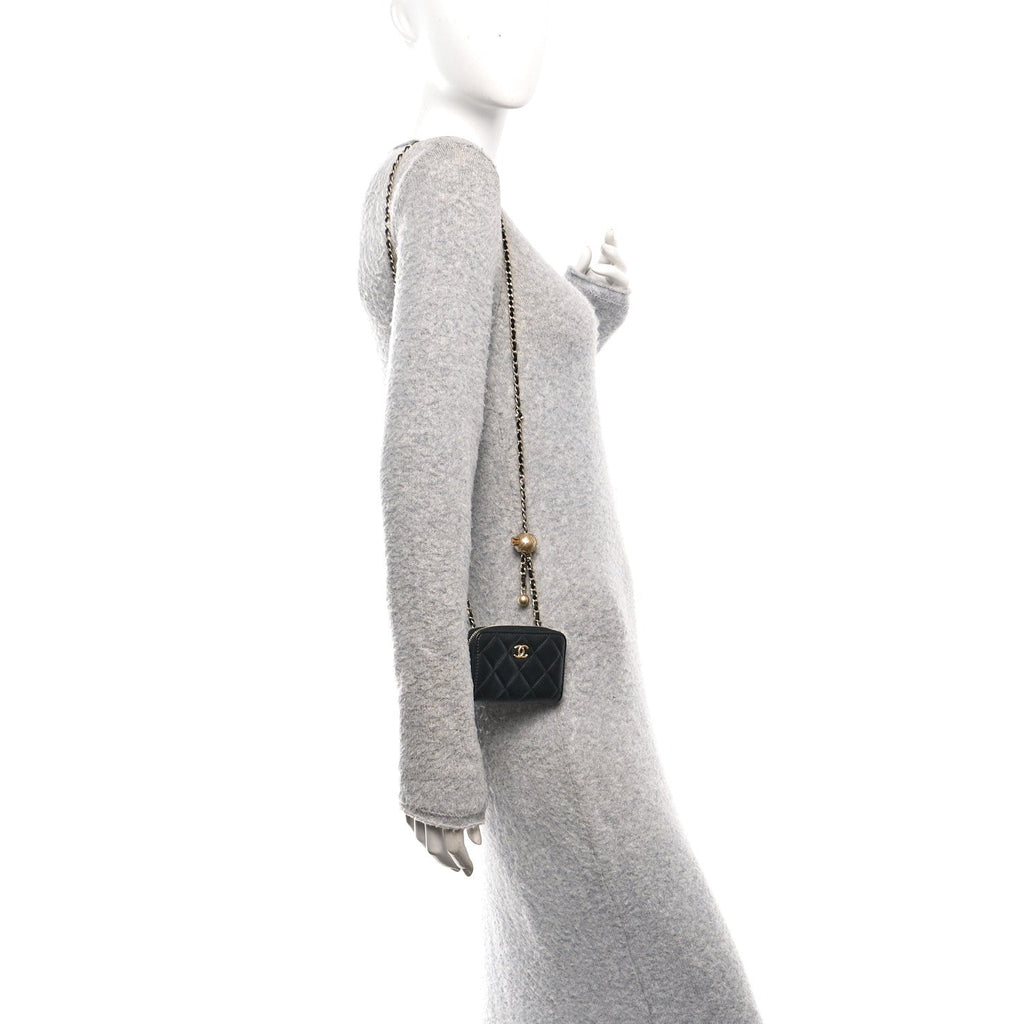 Lambskin Quilted CC Pearl Crush Zip  Holder On Chain Black