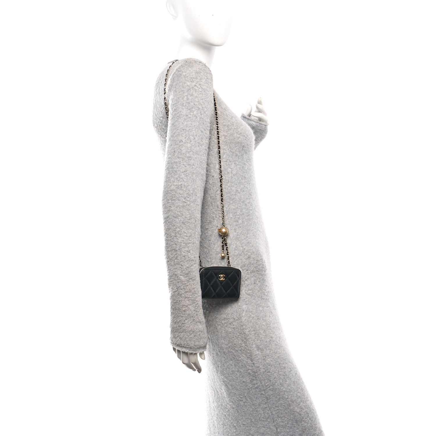 Lambskin Quilted CC Pearl Crush Zip  Holder On Chain Black