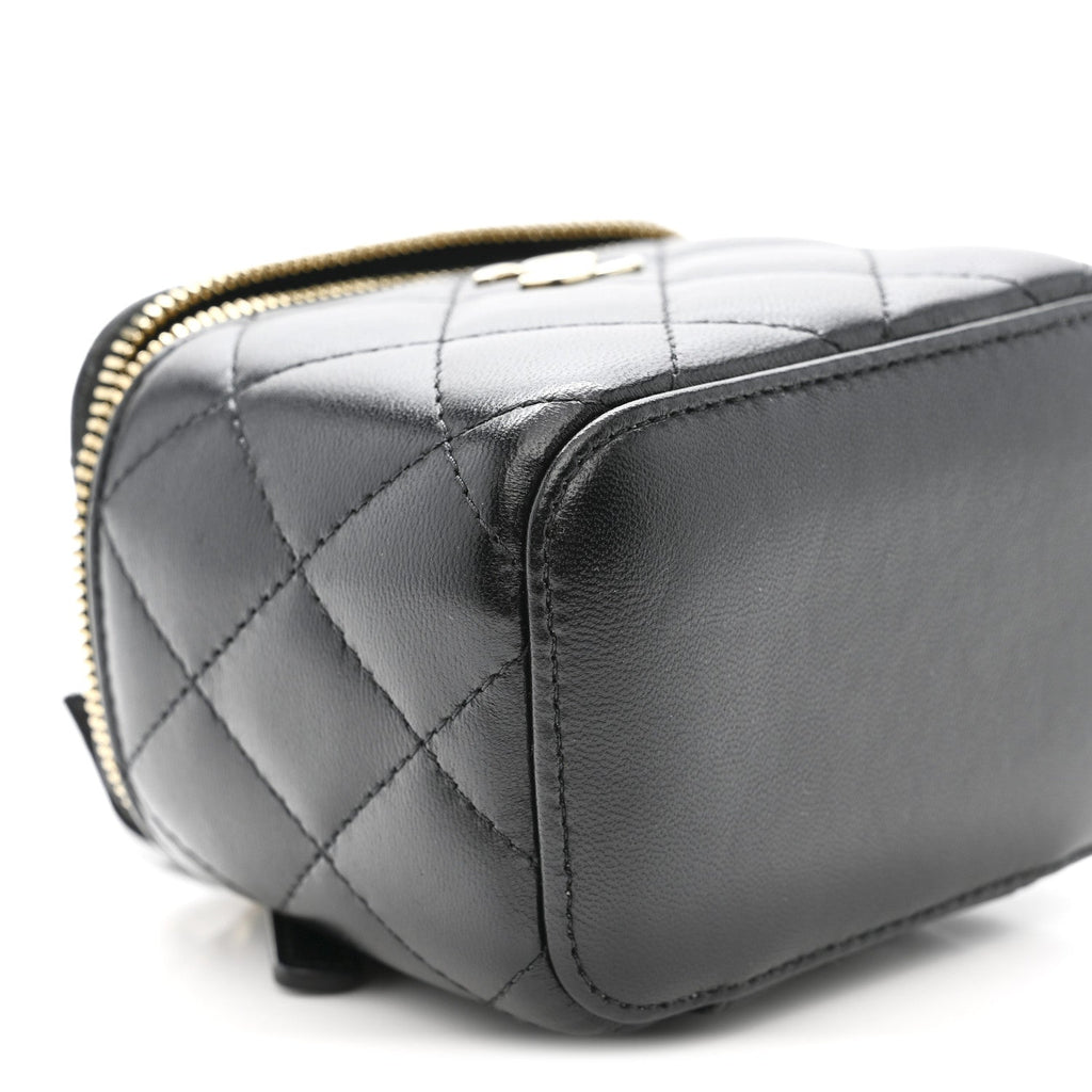 Lambskin Quilted Mini Camellia Bow Vanity Case With Chain Black