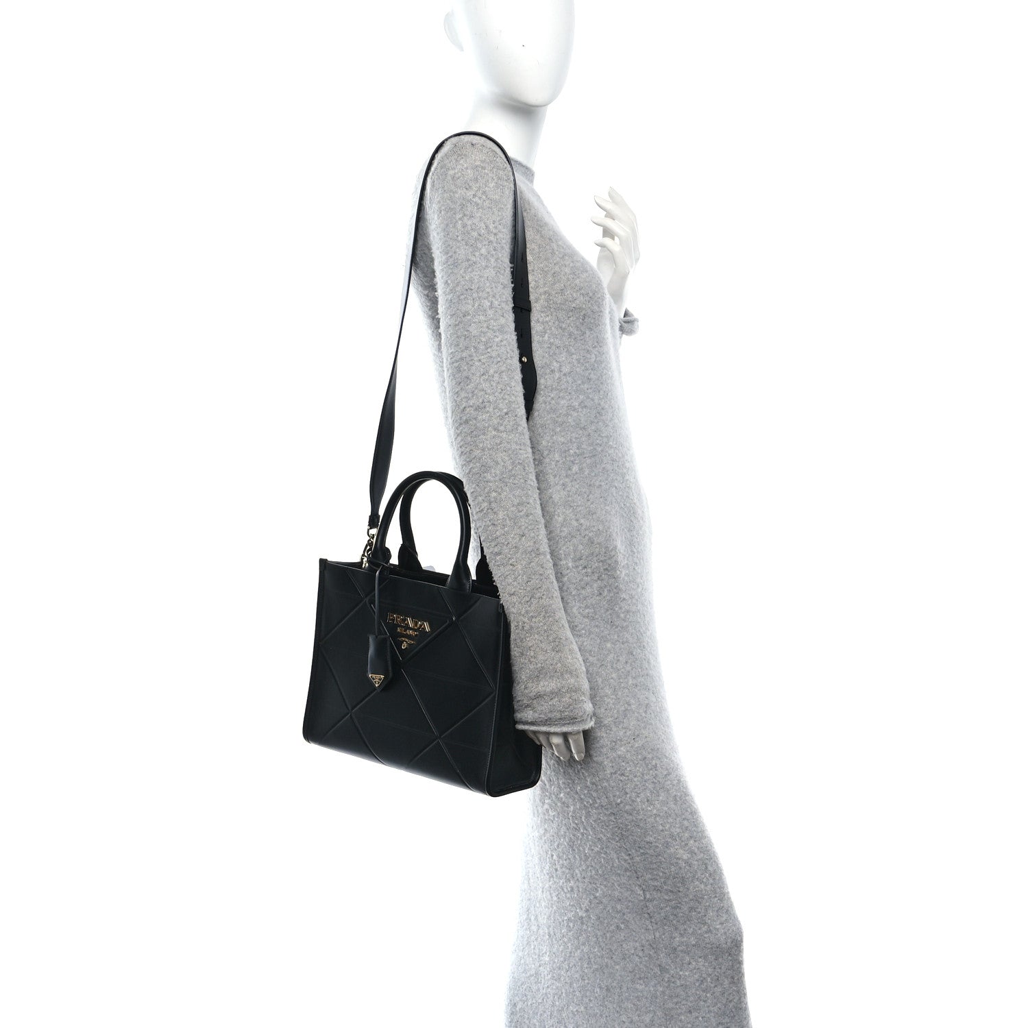 Soft Calfskin Triangolo Symbole Embossed Small Tote Black