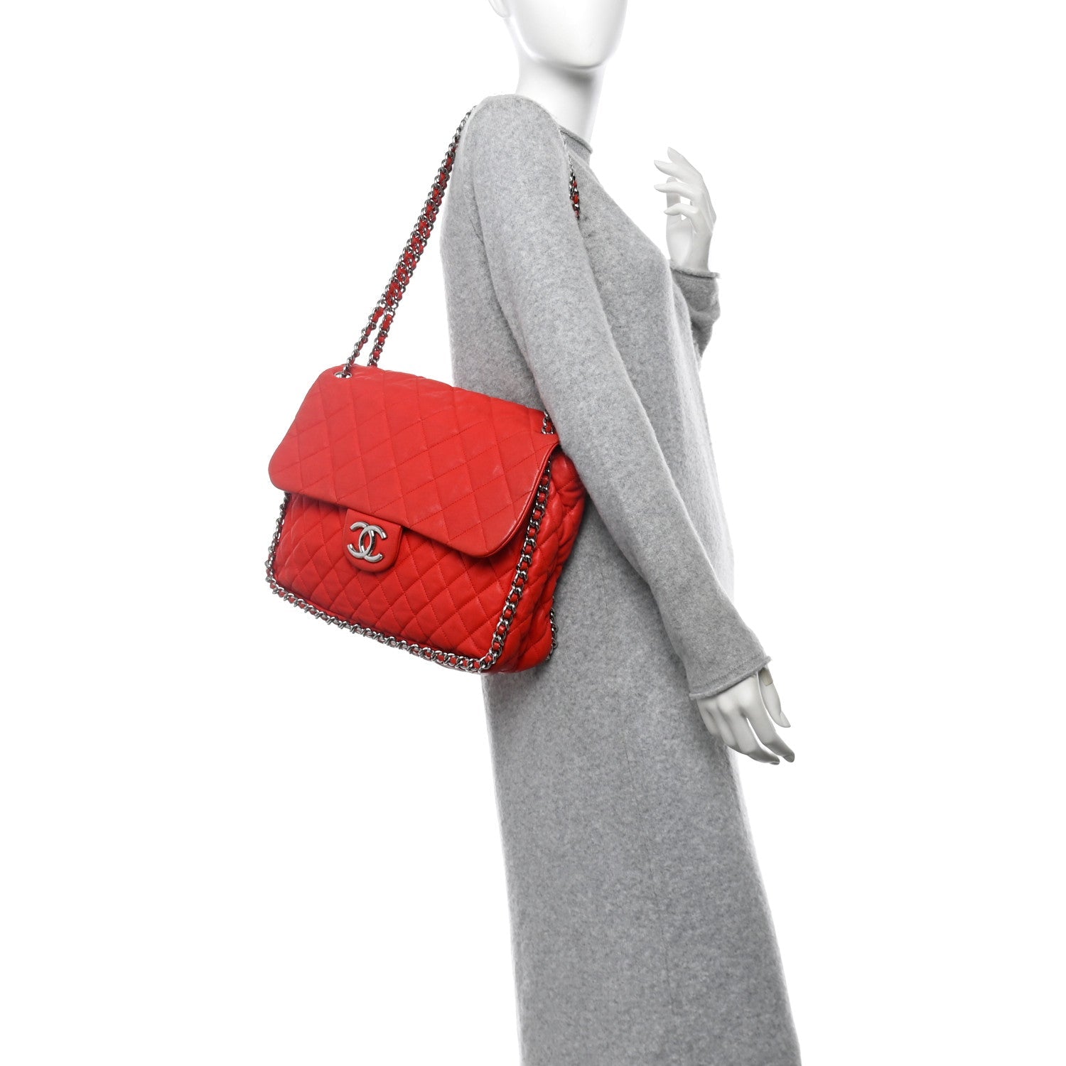 Washed Lambskin Quilted Maxi Chain Around Flap Red