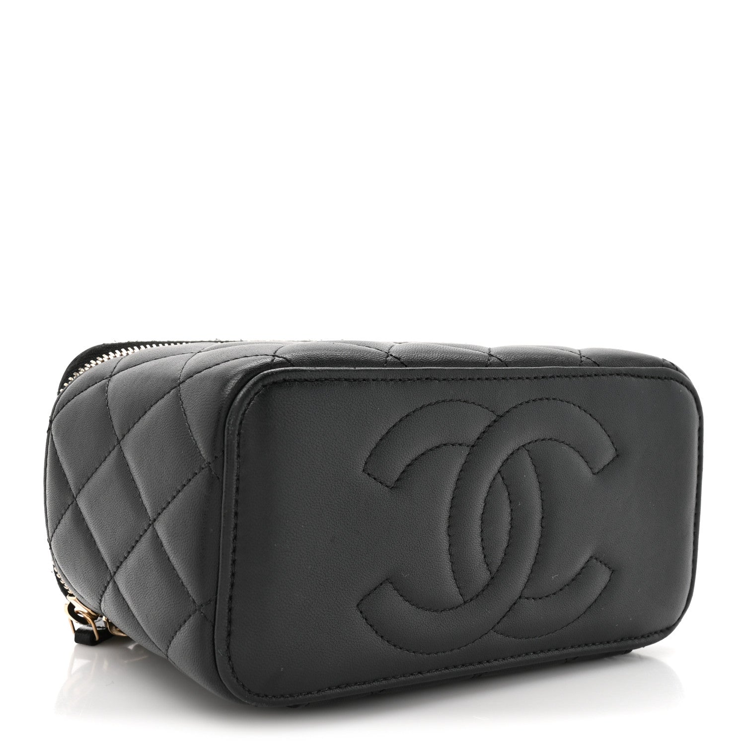 Lambskin Quilted Small Top Handle Vanity Case With Chain Black