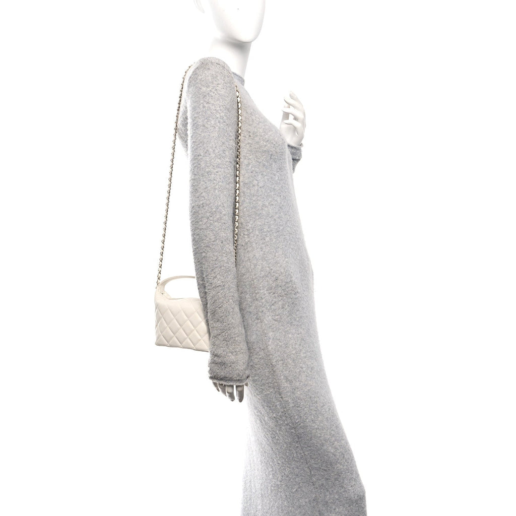 Caviar Quilted Hobo Clutch With Chain White