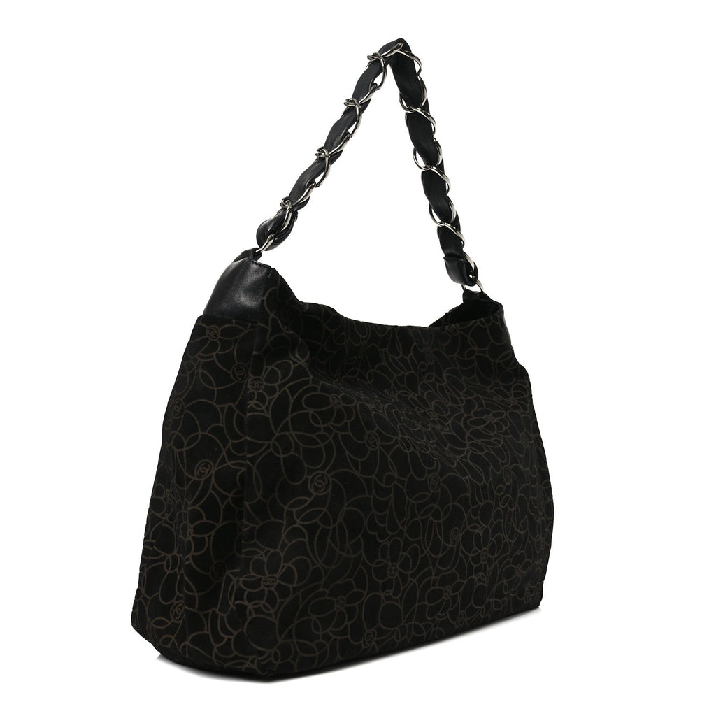 Suede Camellia Hobo Bag Black