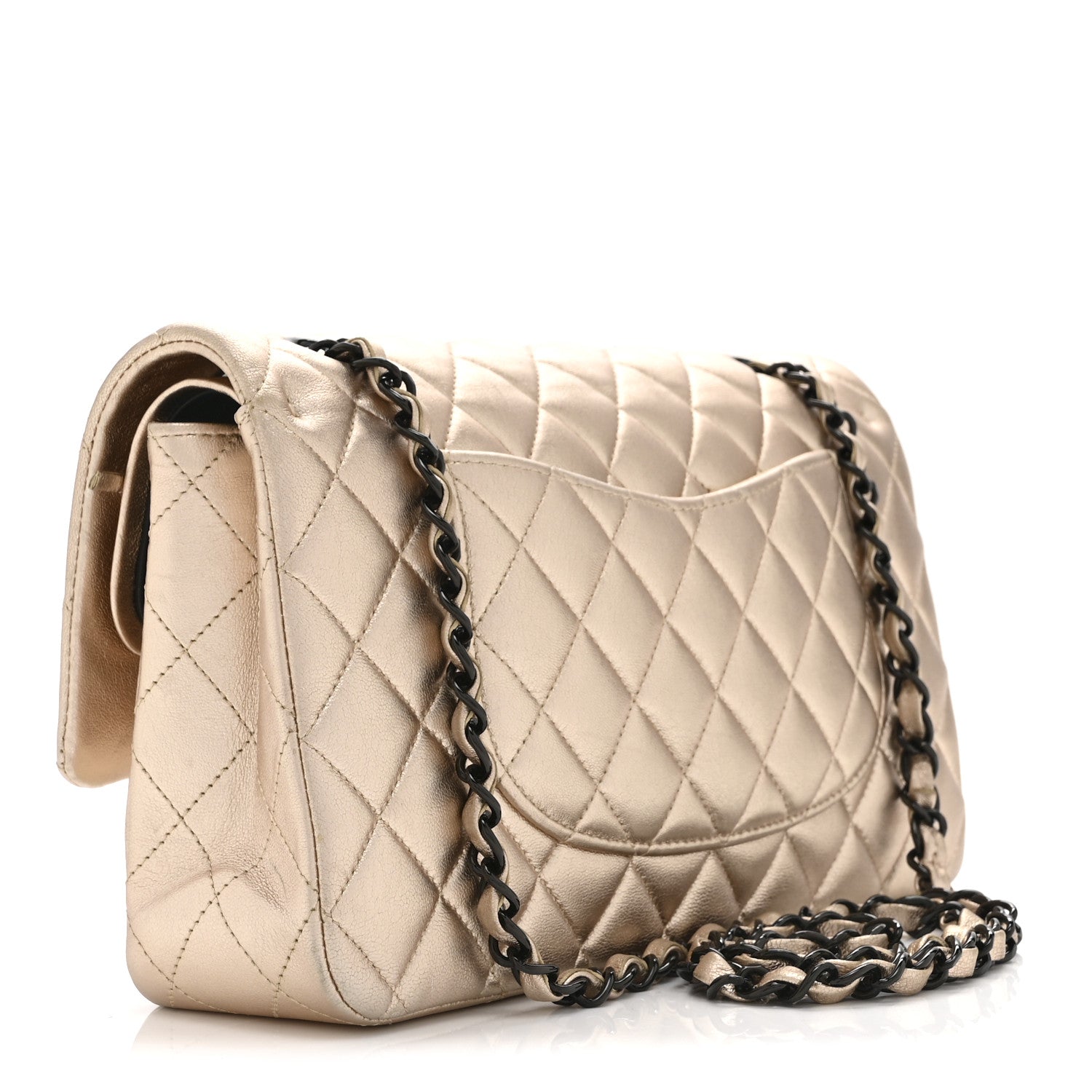 Metallic Lambskin Quilted Medium Double Flap Gold Black