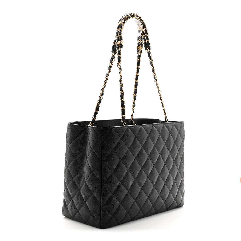 Caviar Quilted Small Shopping Tote Black