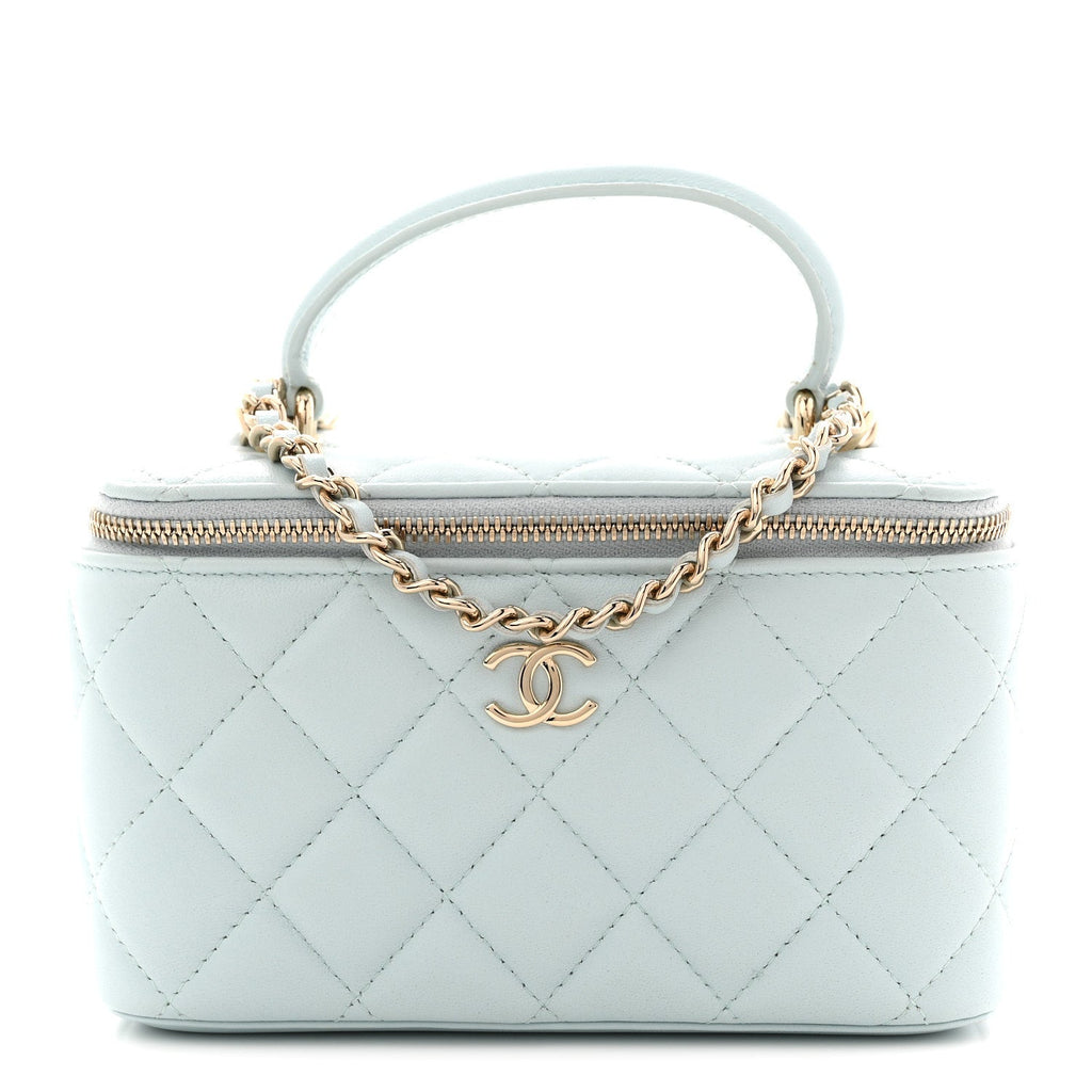 Lambskin Quilted Small Top Handle Vanity Case With Chain Light Blue