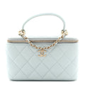 Lambskin Quilted Small Top Handle Vanity Case With Chain Light Blue