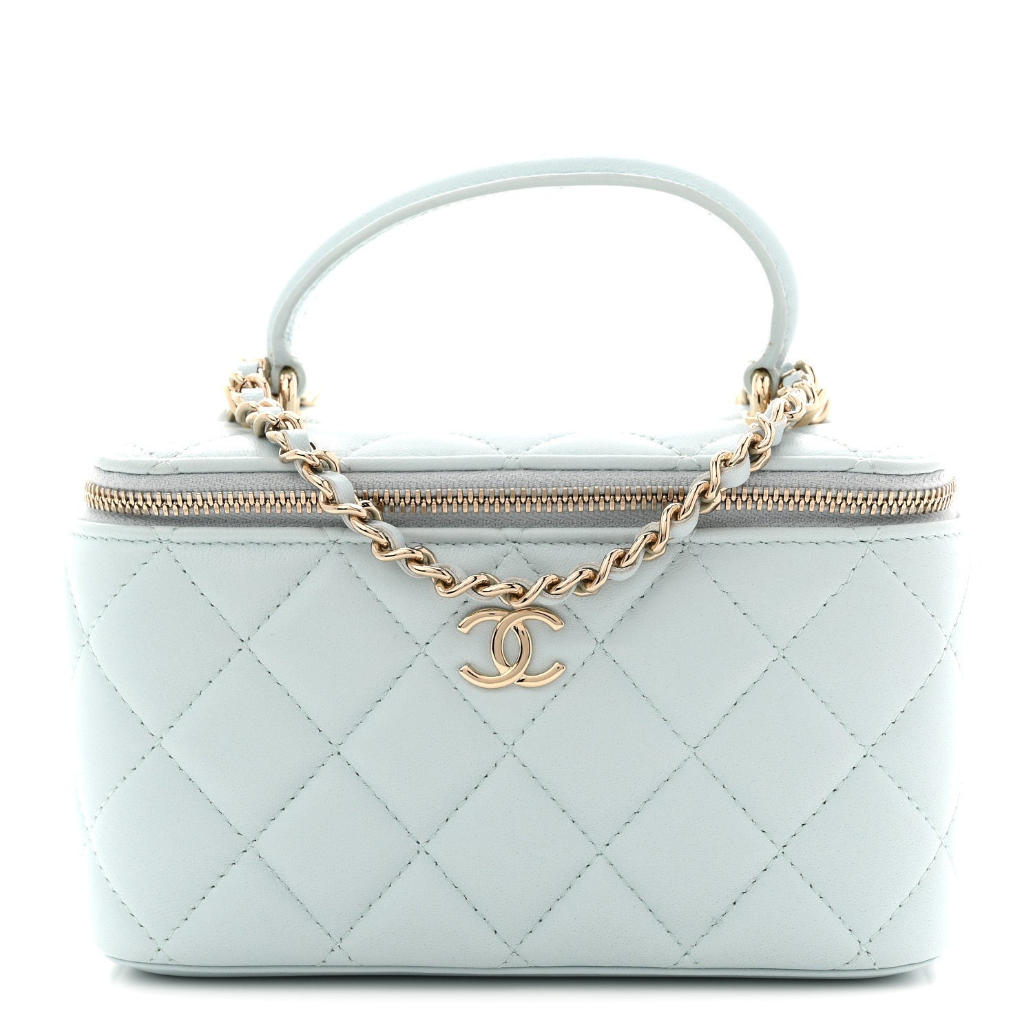 Lambskin Quilted Small Top Handle Vanity Case With Chain Light Blue
