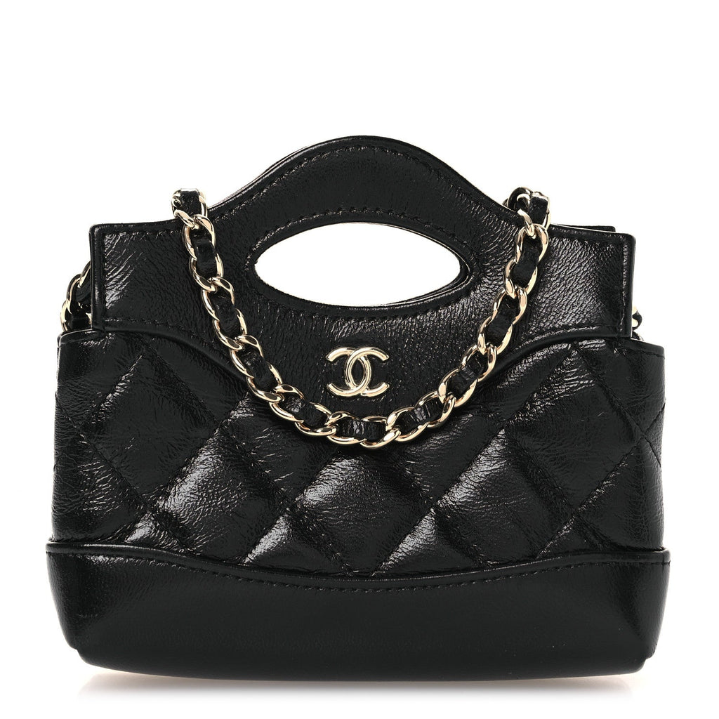 Shiny Lambskin Quilted Micro 31 Clutch With Chain Black