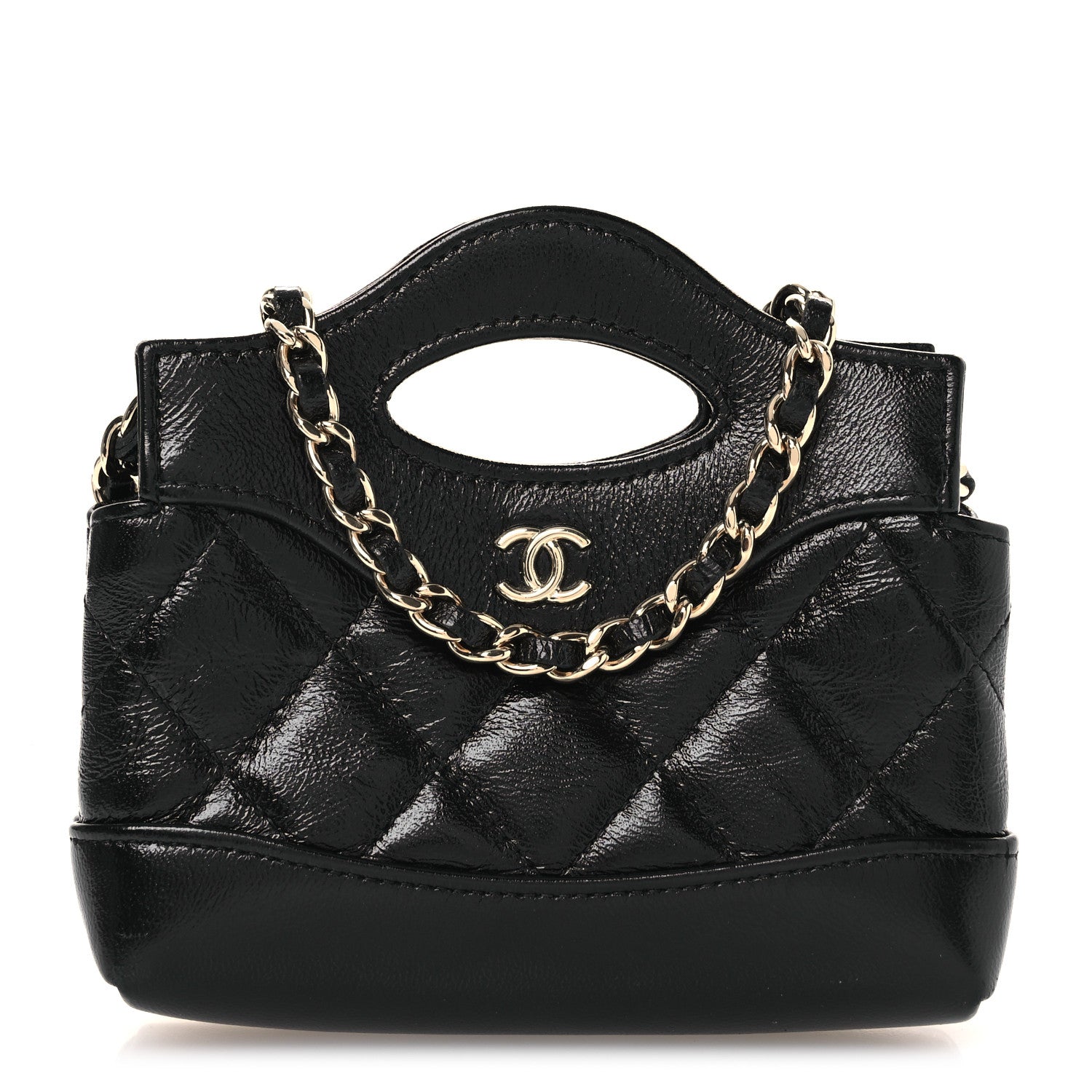 Shiny Lambskin Quilted Micro 31 Clutch With Chain Black