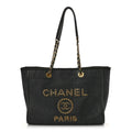 Straw Raffia Calfskin Chain Small Deauville Tote Black