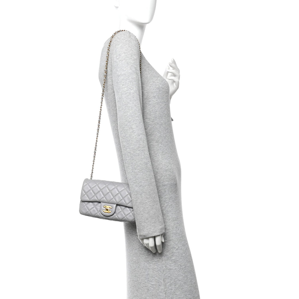 Lambskin Quilted Mini Rectangular Pearl Crush Flap Grey