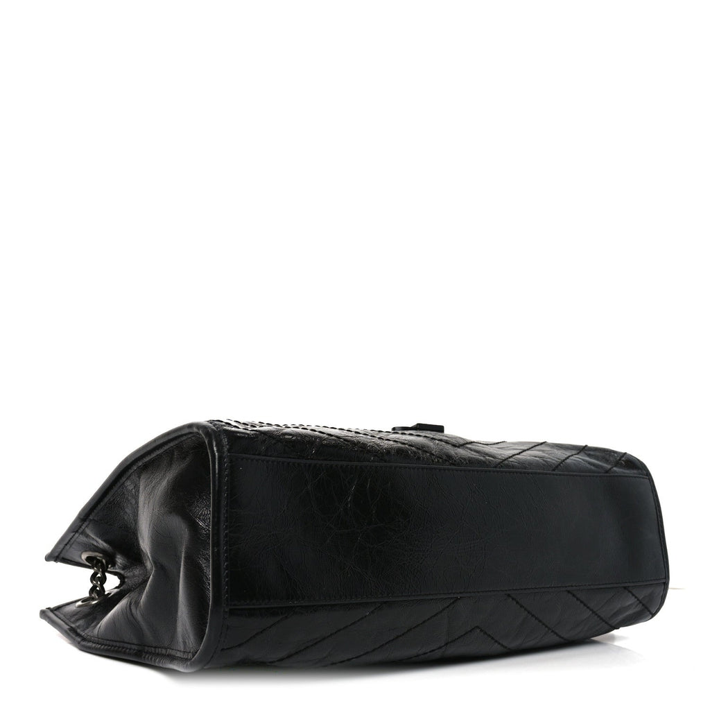 Crinkled Calfskin Matelasse Monogram Medium Niki Shopper Tote Black