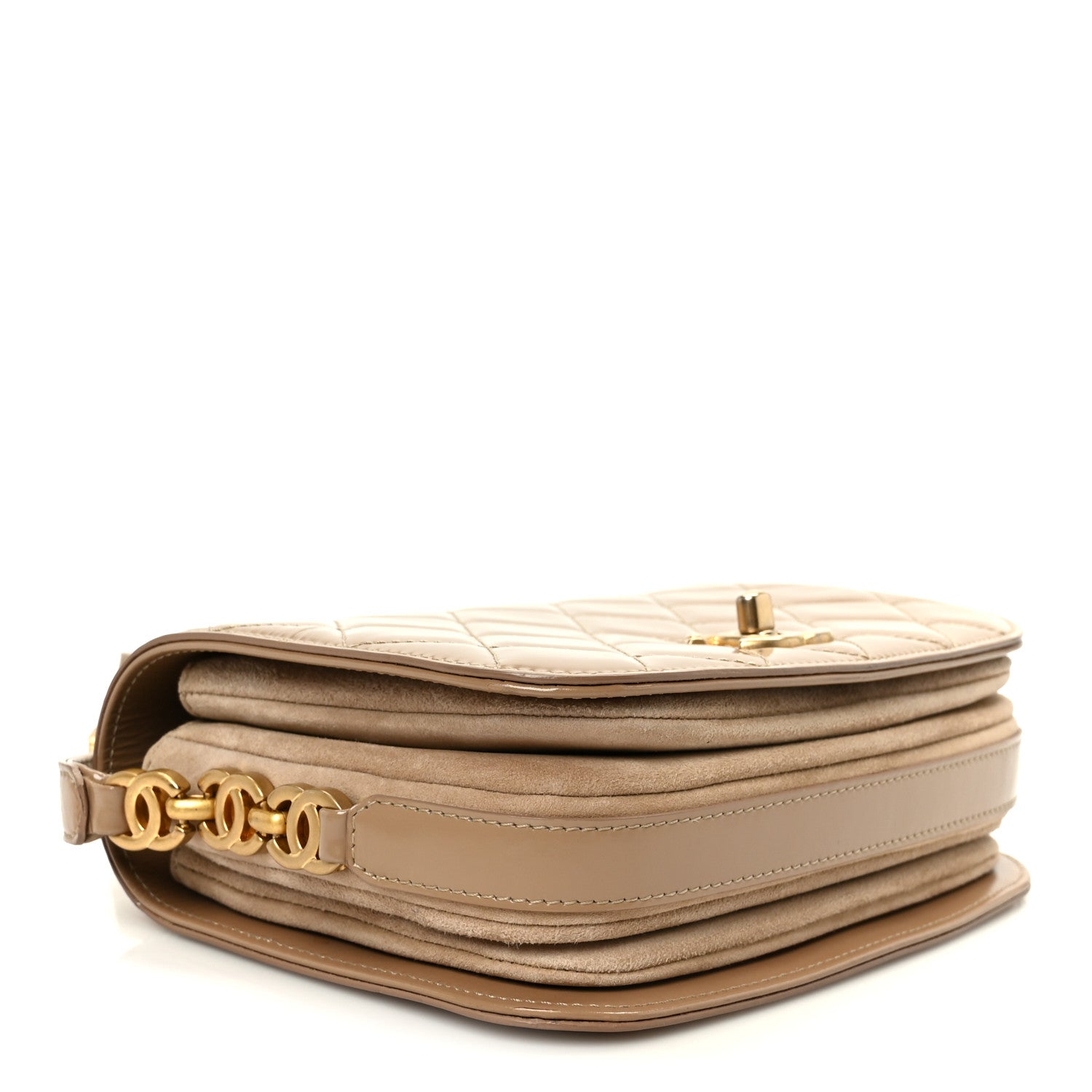 Shiny Calfskin Quilted Suede Goatskin Mini Messenger Beige