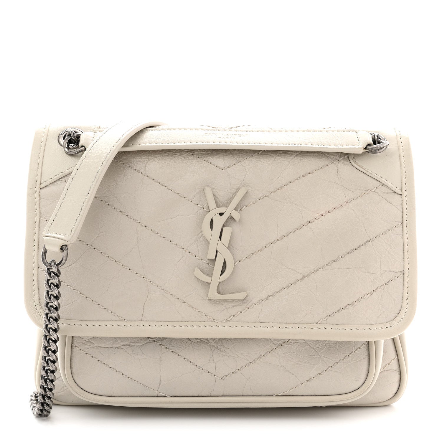 Crinkled Calfskin Matelasse Monogram Baby Niki Chain Satchel Blanc Vintage