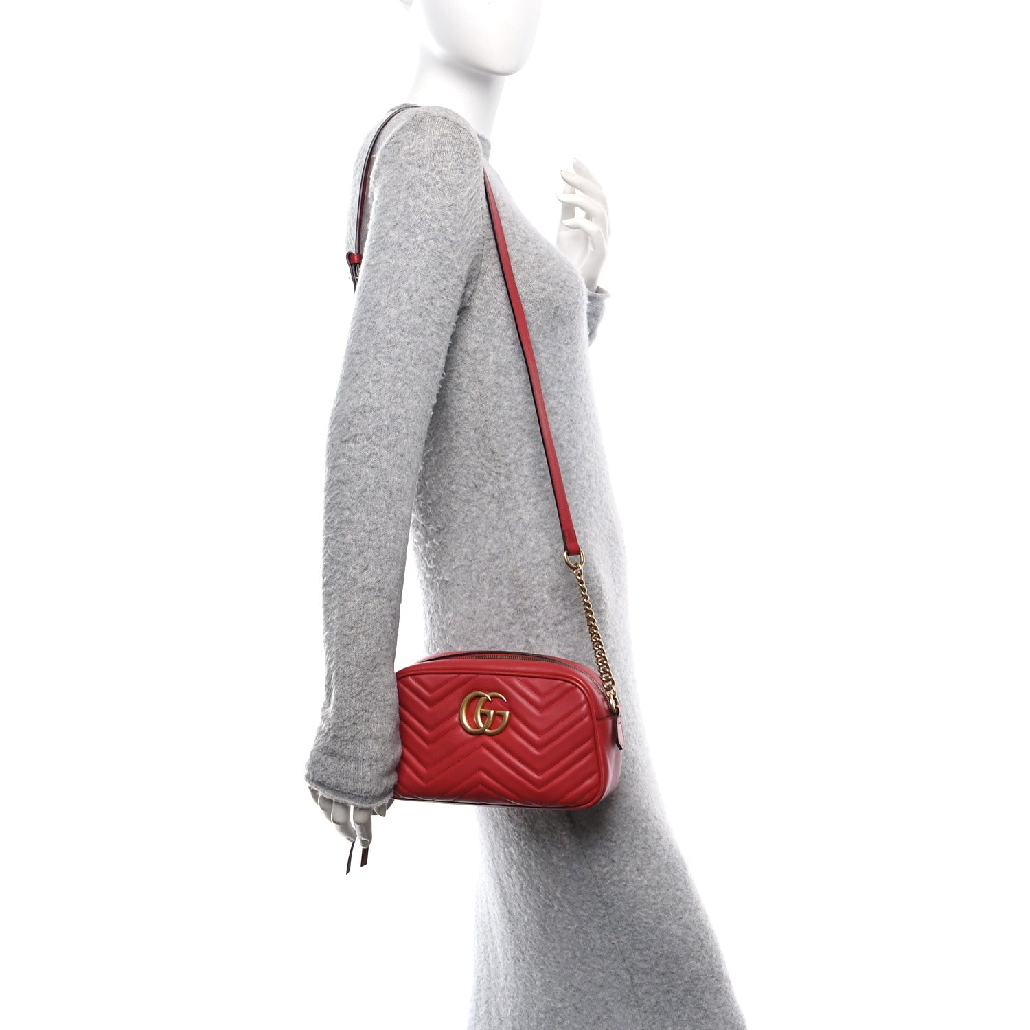 Calfskin Matelasse Small GG Marmont Chain Shoulder Bag Hibiscus Red