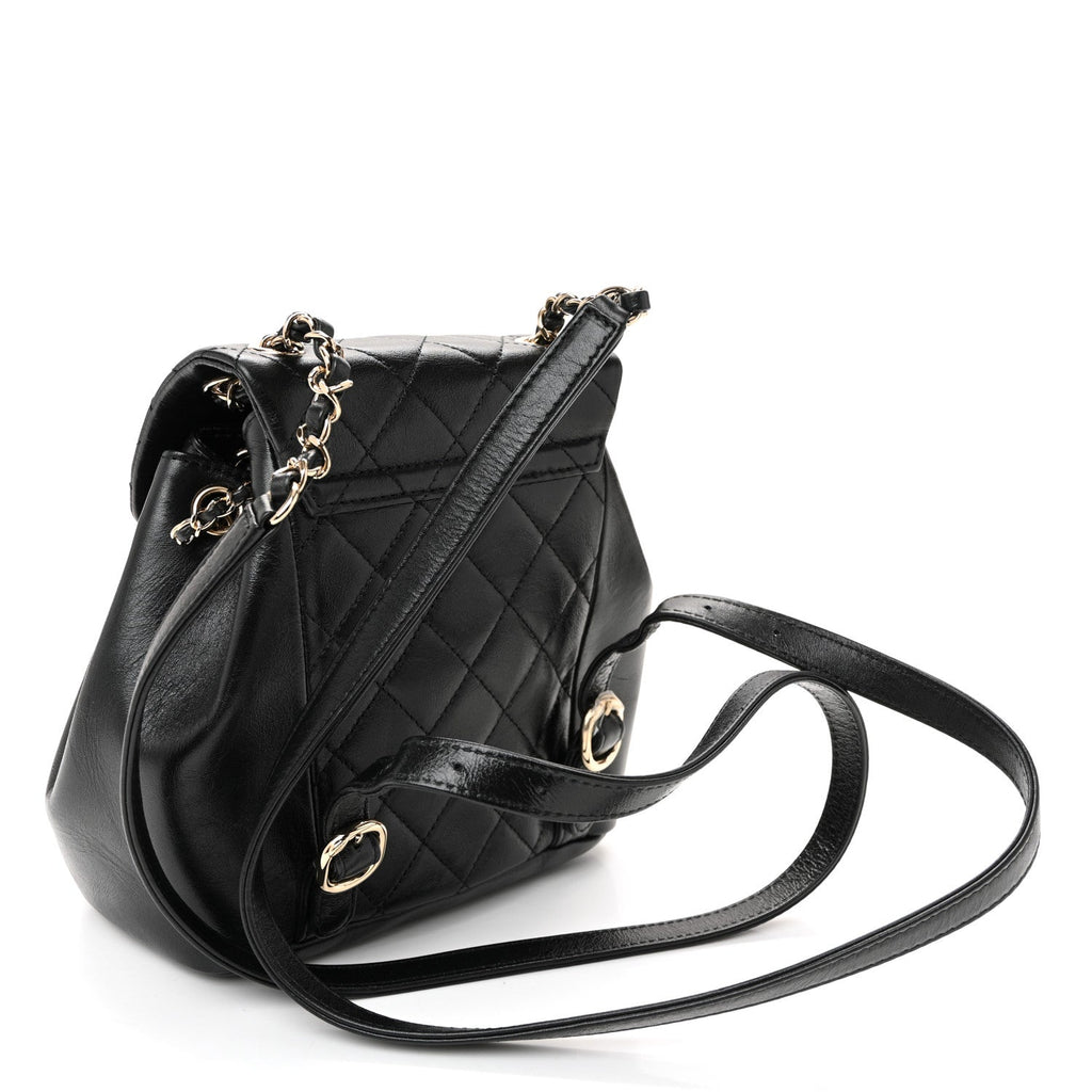 Glazed Aged Calfskin Quilted Small Duma Drawstring Backpack Black