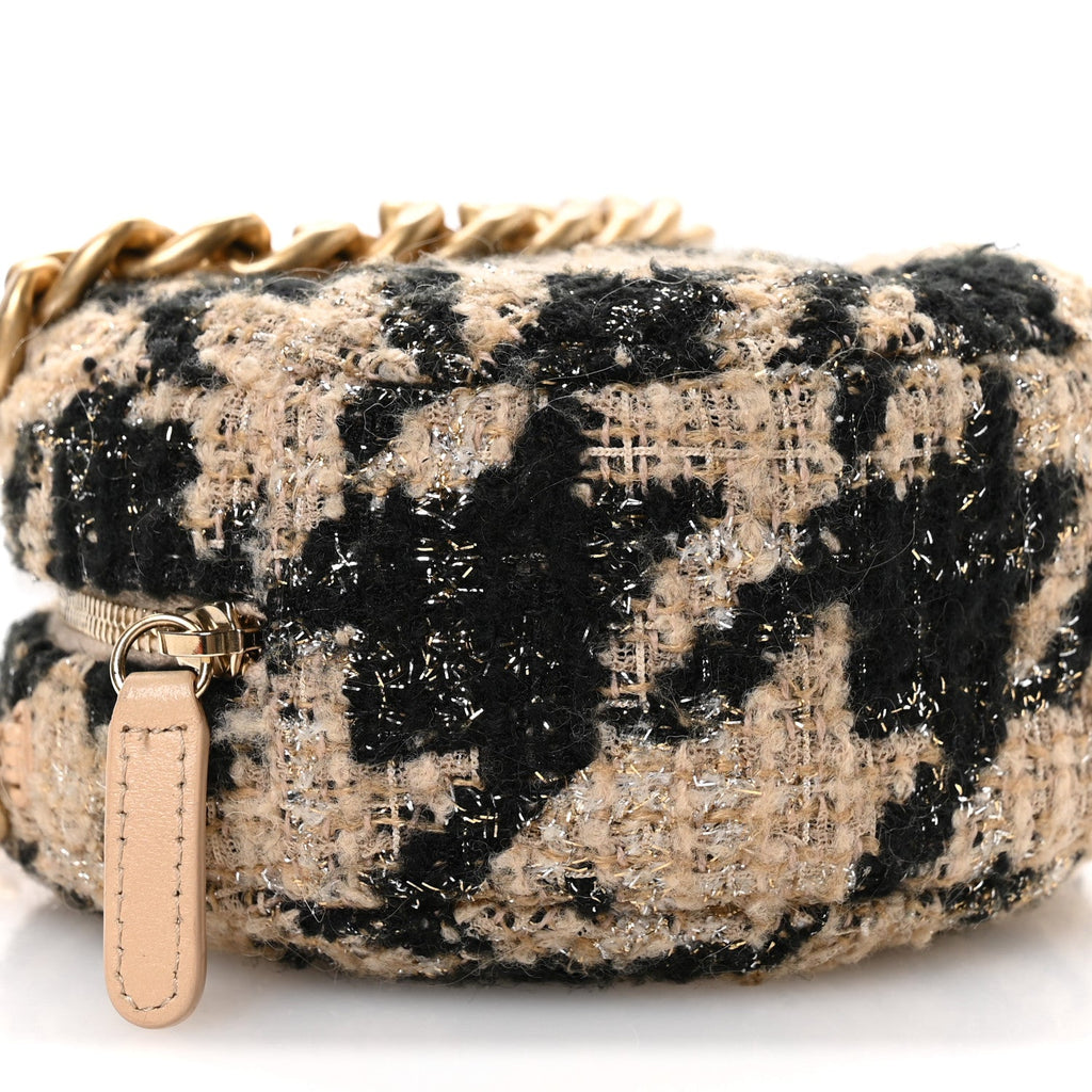 Wool Tweed Lambskin Quilted Chanel 19 Round Clutch With Chain and Coin Purse Beige Black