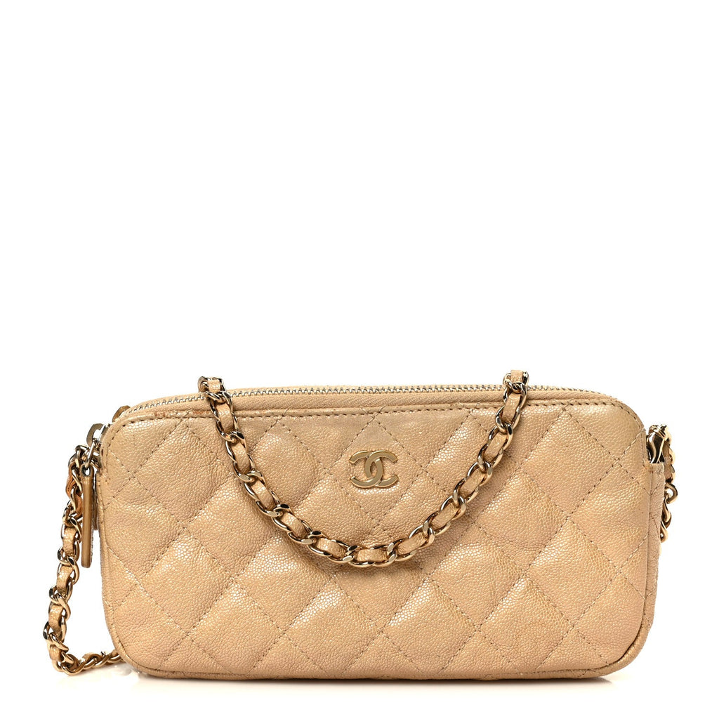 Metallic Caviar Quilted Small Clutch With Chain Gold