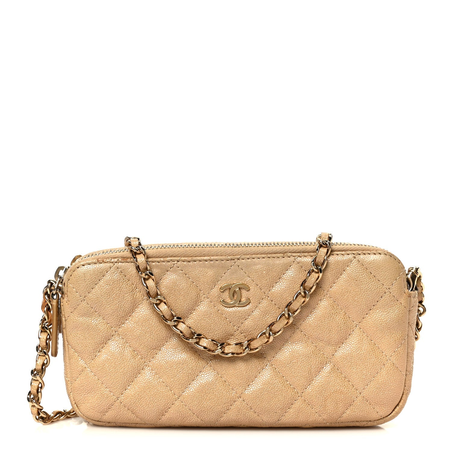 Metallic Caviar Quilted Small Clutch With Chain Gold