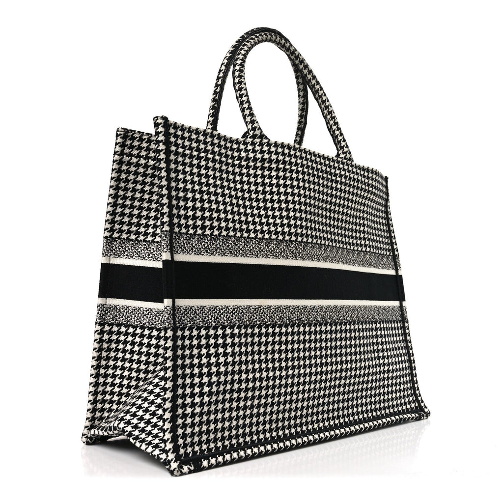 Canvas Houndstooth Embroidered Book Tote Black White