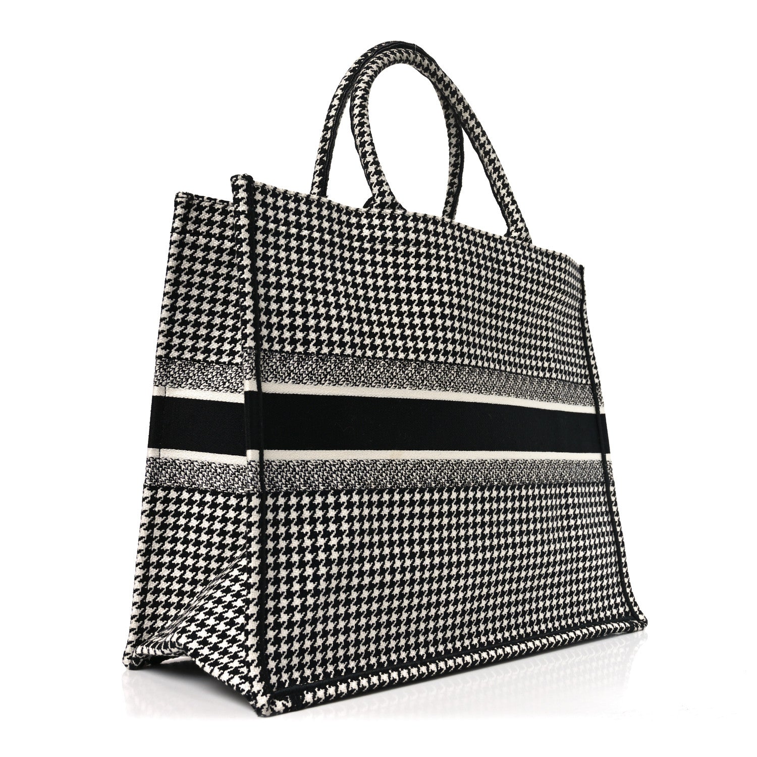 Canvas Houndstooth Embroidered Book Tote Black White