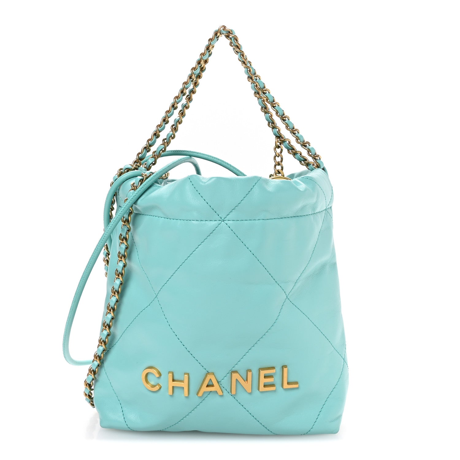 Shiny Calfskin Quilted Mini Chanel 22 Turquoise