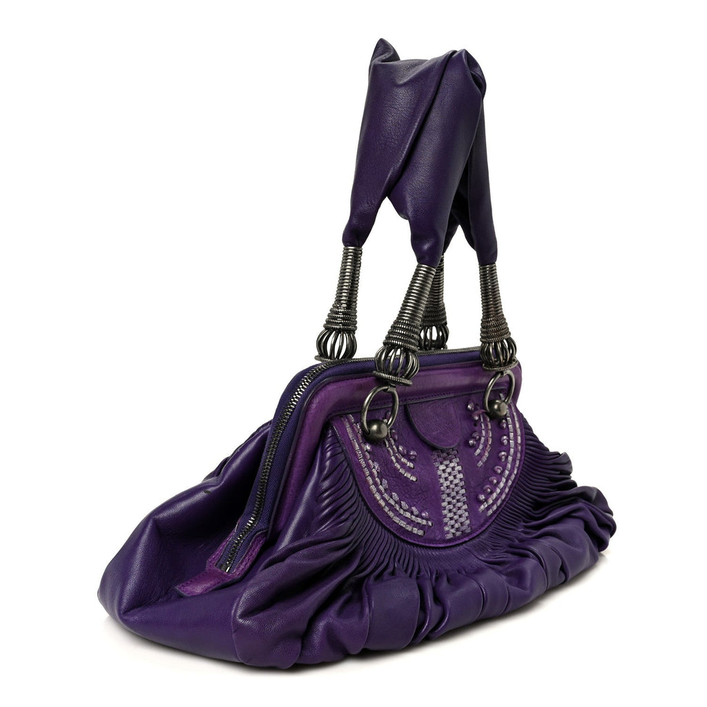 Lambskin Plisse Pleated Frame Satchel Violet Fonce