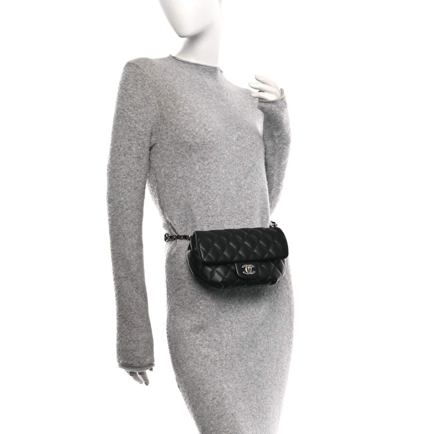 Calfskin Quilted CC Uniform Flap Belt Bag Black
