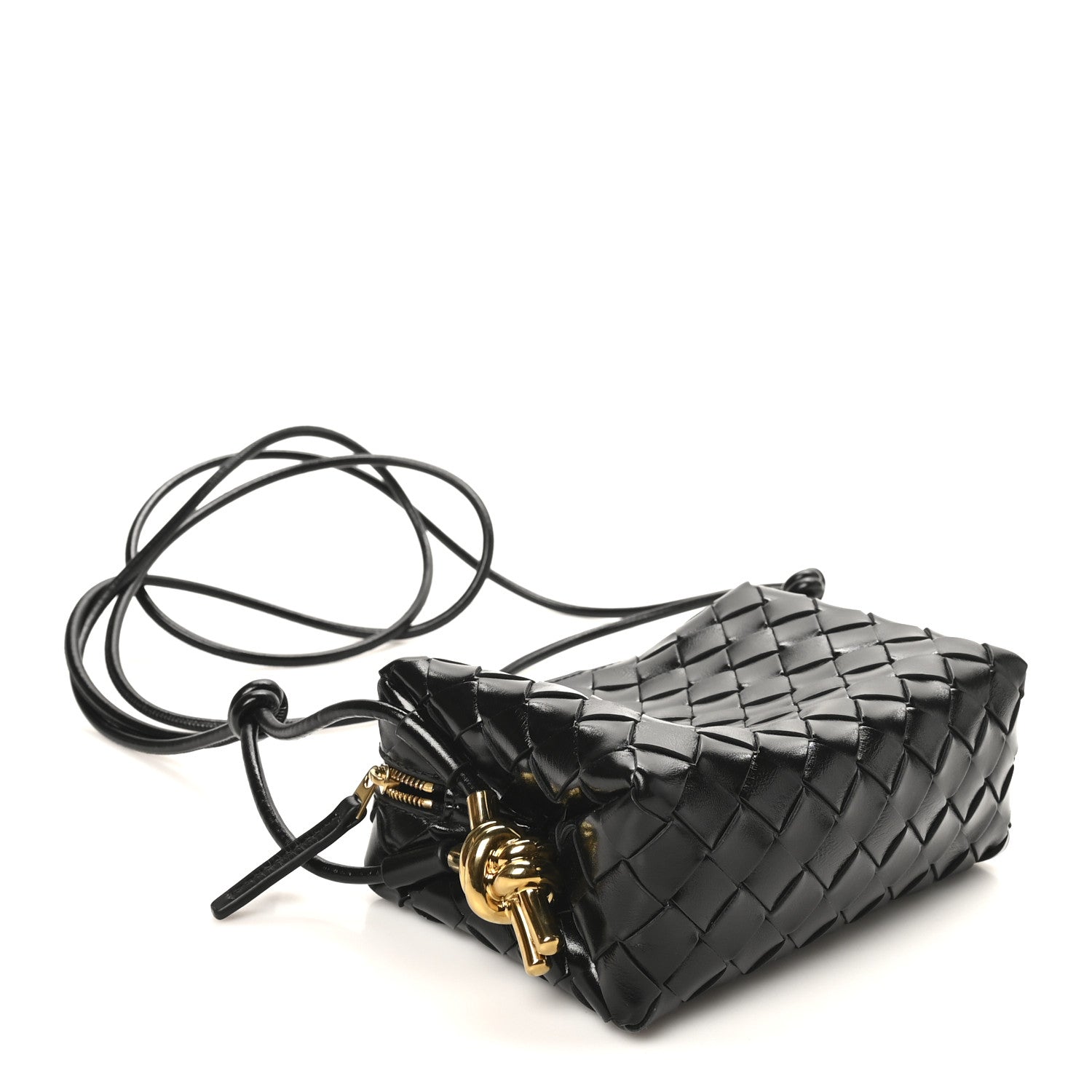Polished Nappa Intrecciato Metallic Knot Mini Loop Camera Bag Black