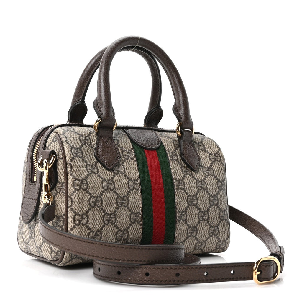 GG Supreme Monogram Textured Dollar Calfskin Web Mini Ophidia Top Handle Bag Beige Ebony New Acero