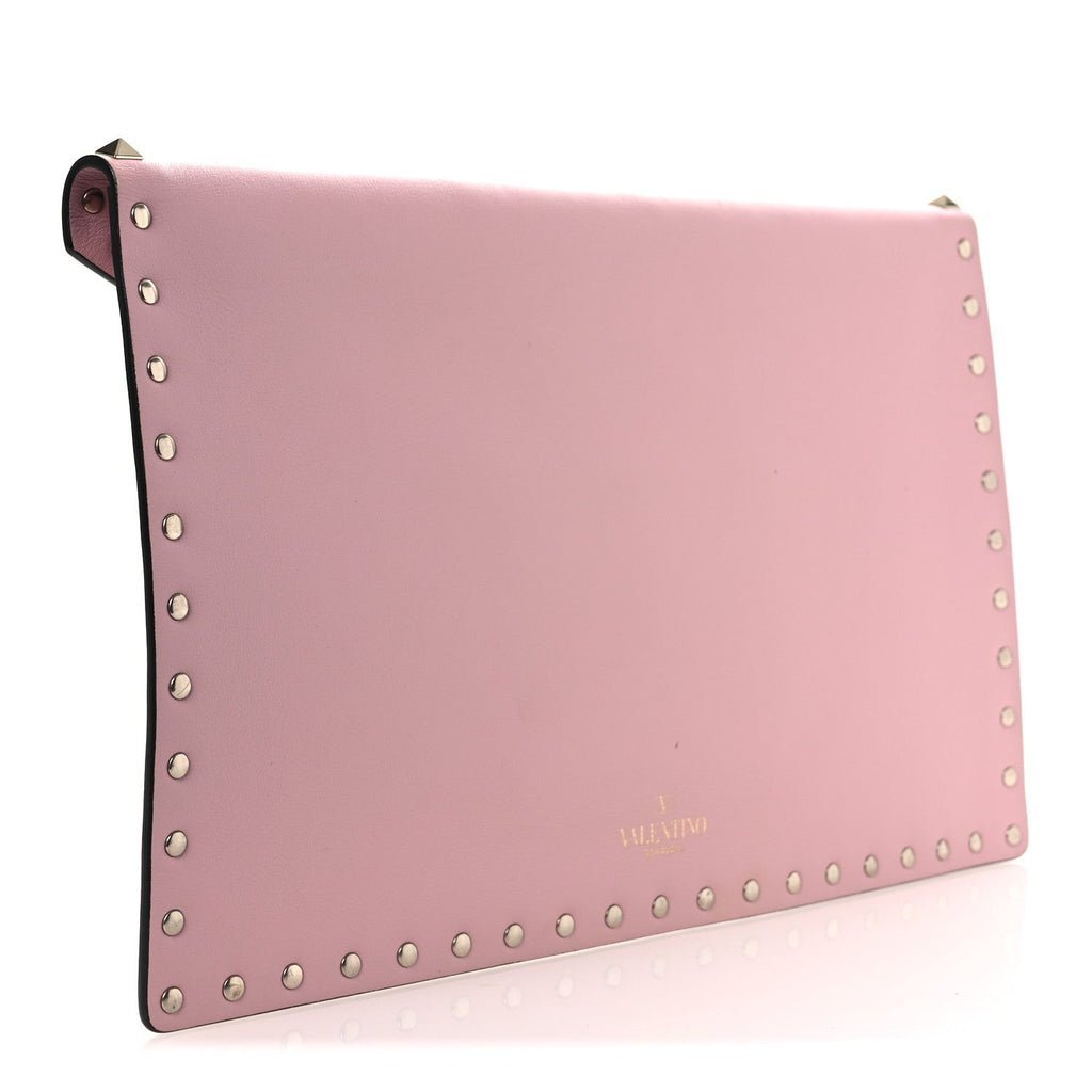 Pebbled Calfskin Large Rockstud Envelope Clutch Water Rose