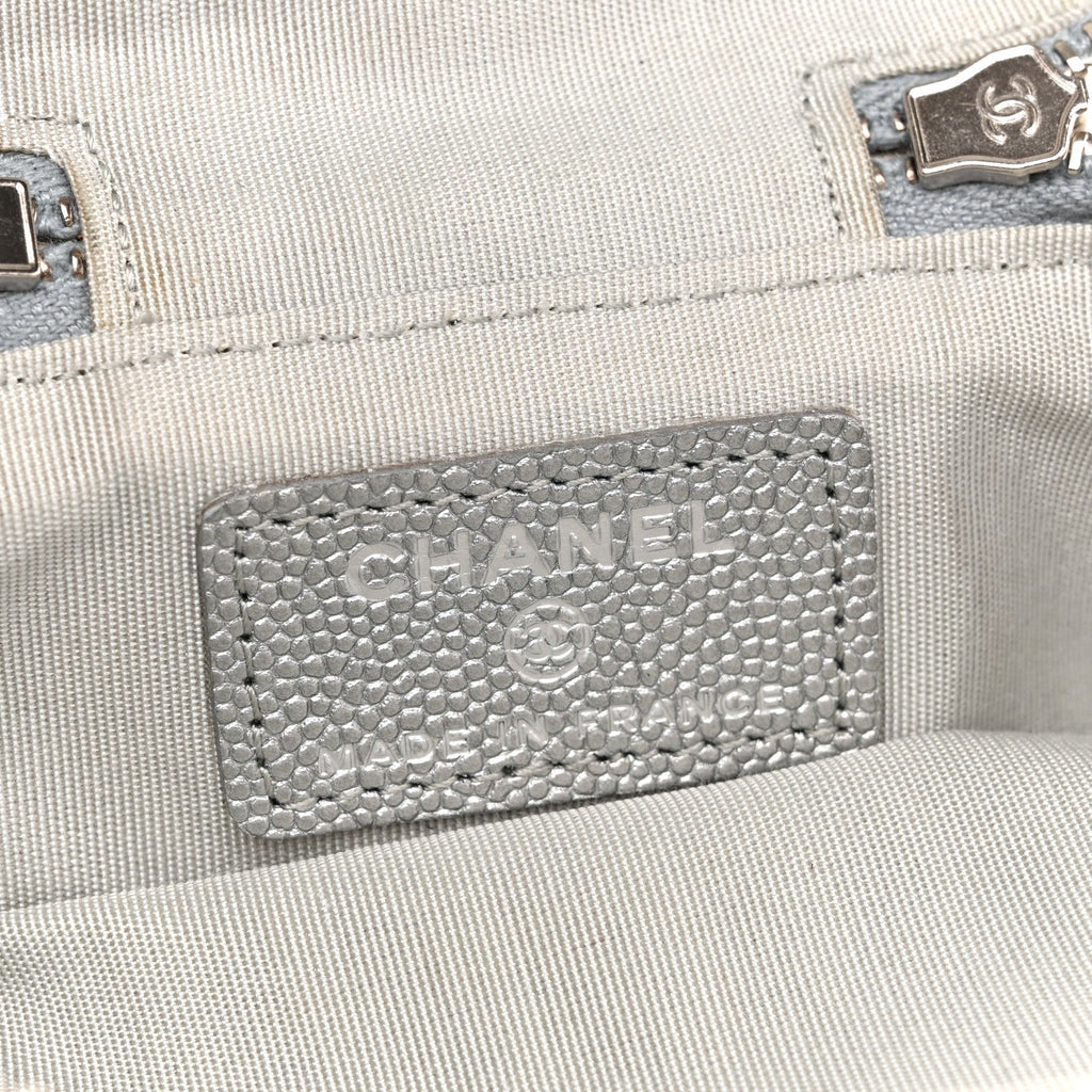 Metallic Caviar Quilted Mini Top Handle Vanity With Chain Silver