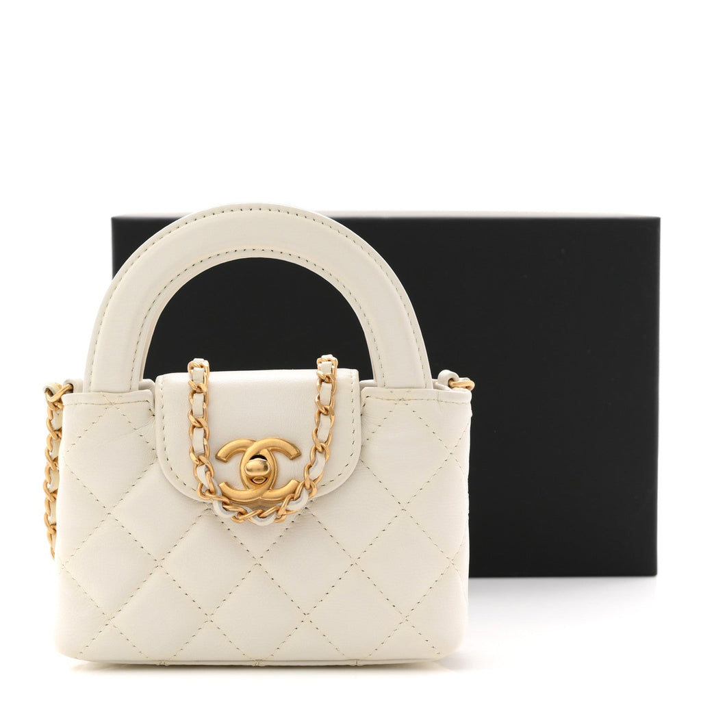 Shiny Aged Calfskin Quilted Mini Nano Kelly Shopper White