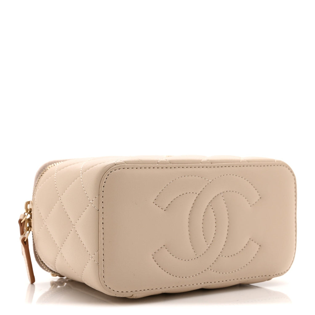 Lambskin Quilted Small Top Handle Vanity Case With Chain Beige