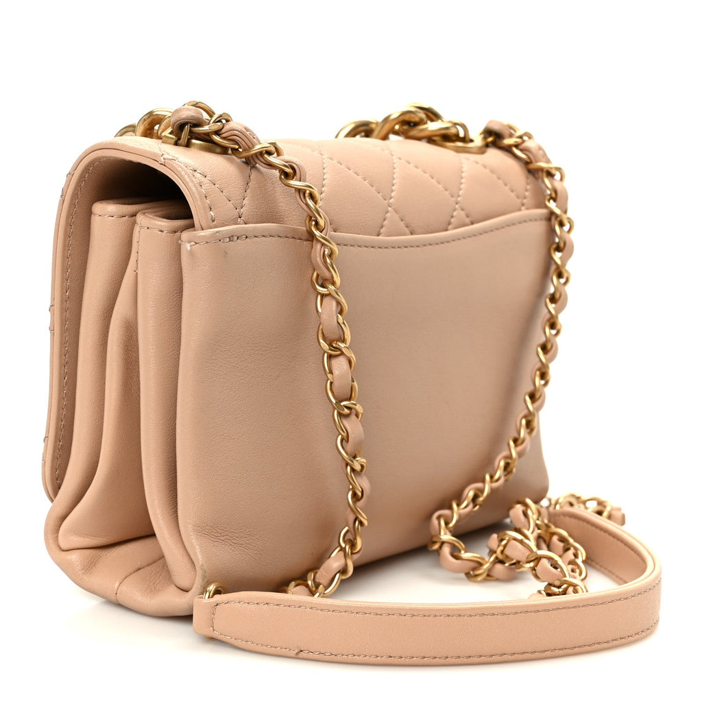 Calfskin Quilted Pearl Jewel Chain Flap Beige