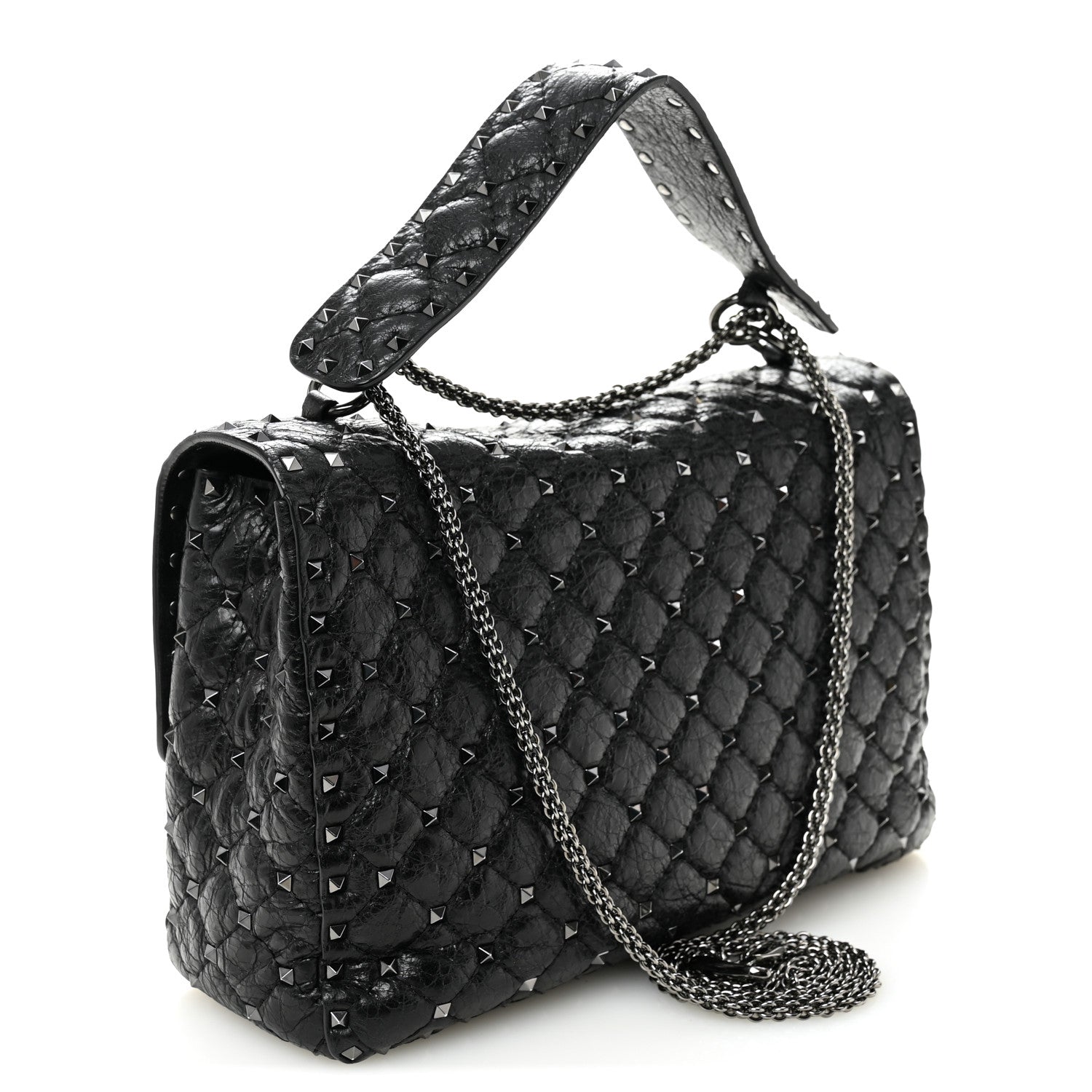 Craquele Nappa Large Rockstud Spike Shoulder Bag Black