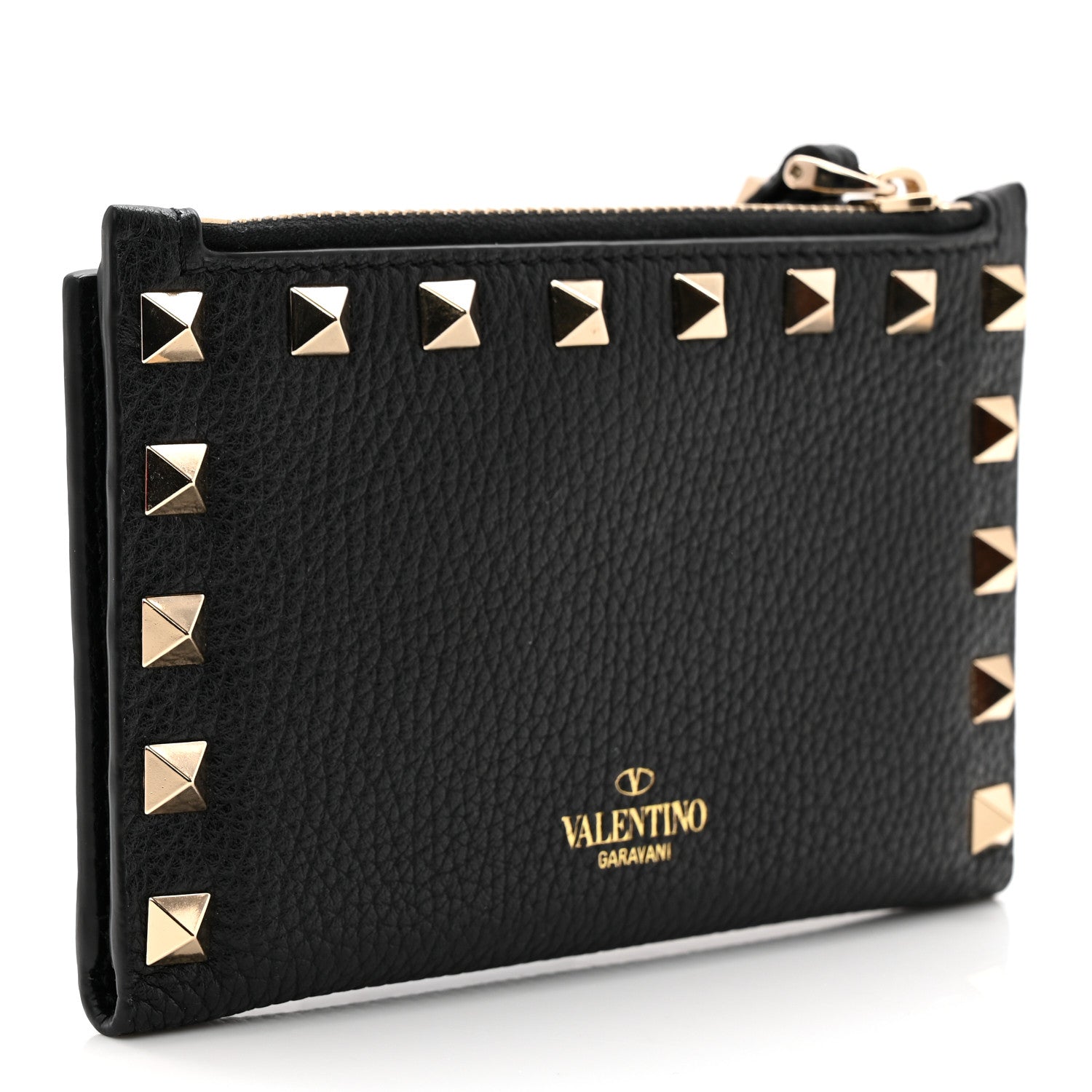 Pebbled Calfskin Rockstud Coin Case  Holder Black