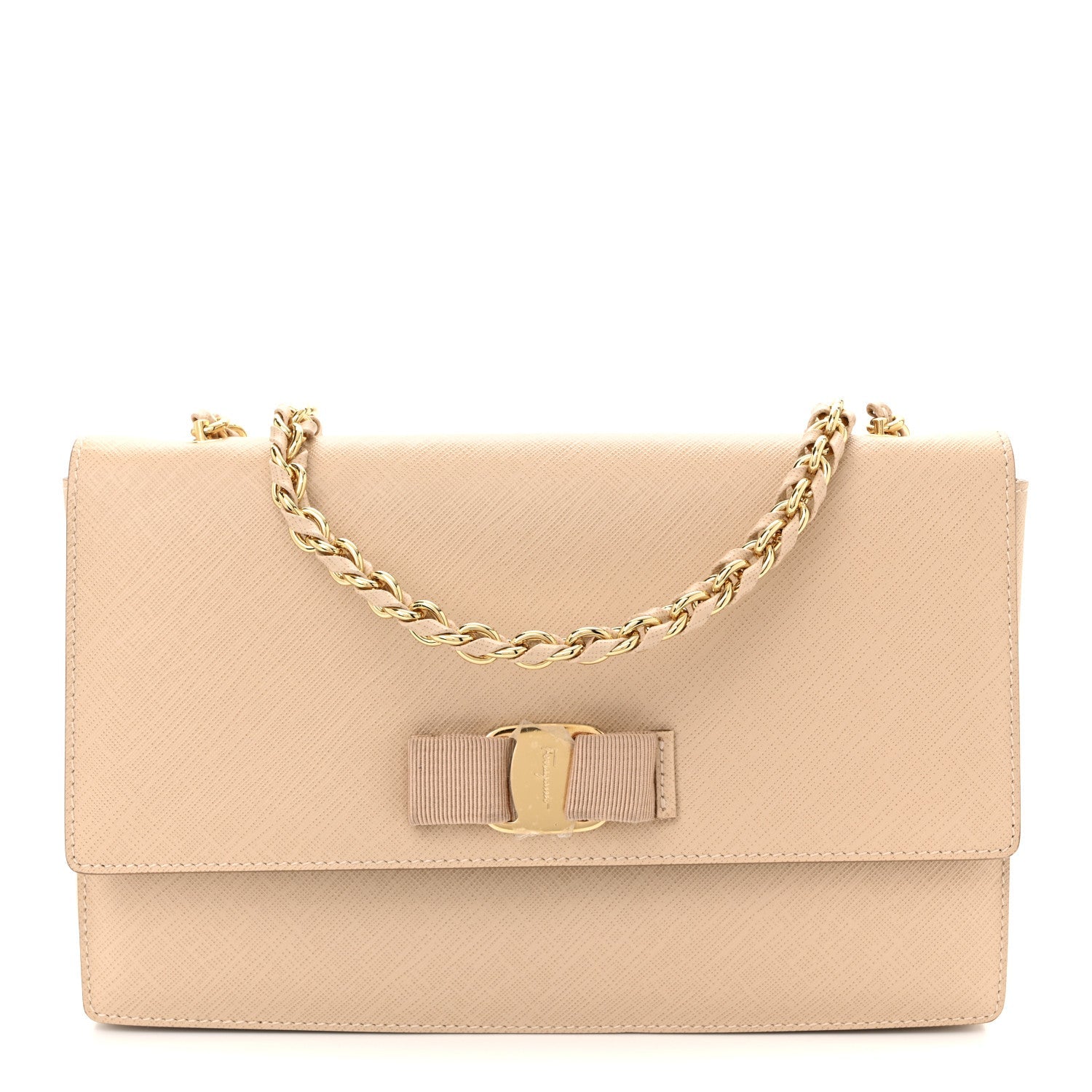 Printed Calfskin Vara Bow Chain Flap Crossbody Beige