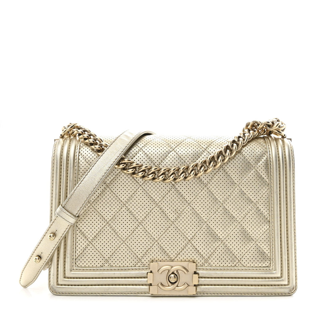 Lambskin Perforated Quilted New Medium Boy Flap Gold