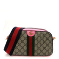 GG Supreme Monogram Textured Dollar Calfskin Web Ophidia Small Crossbody Bag Beige Ebony Fuchsia