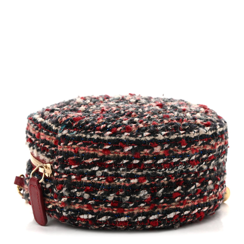 Tweed Quilted Round Clutch With Chain Red