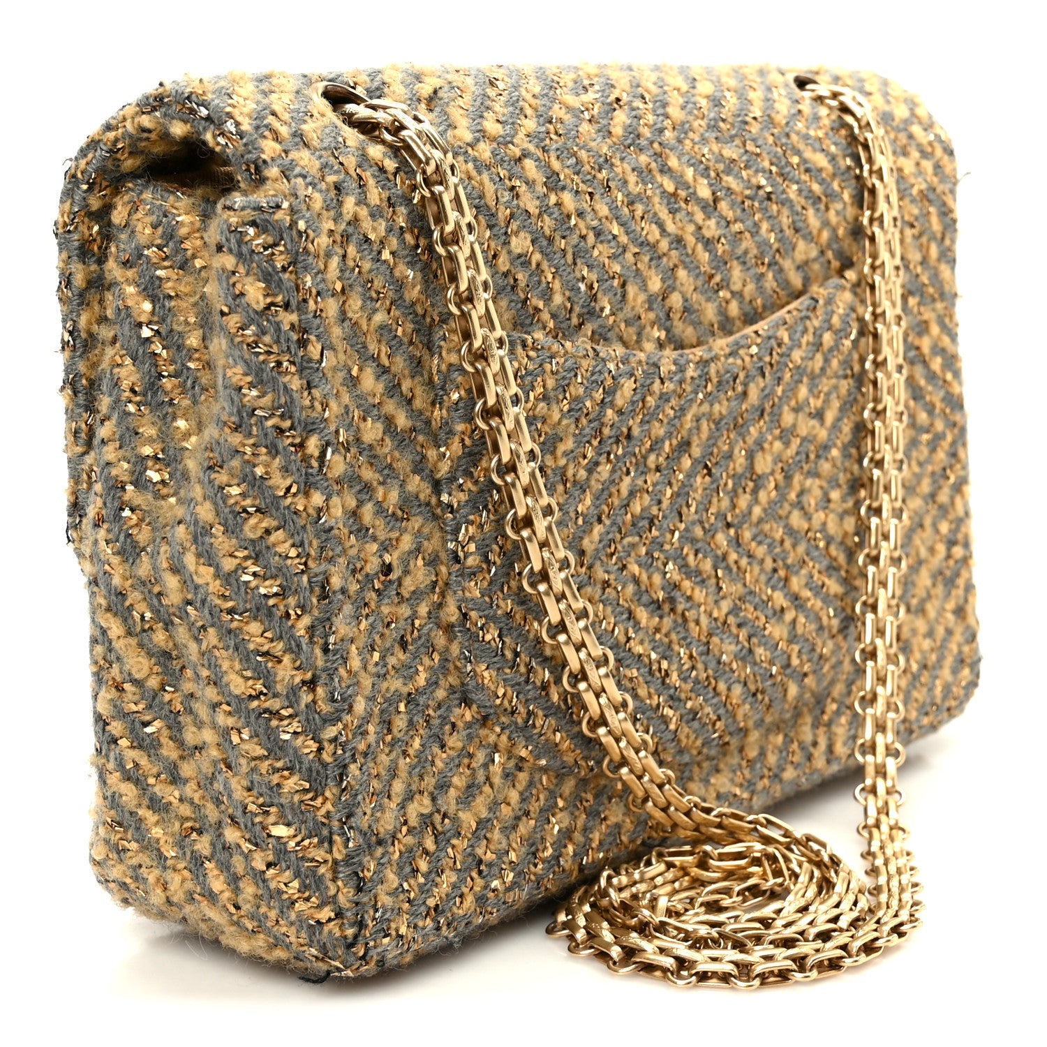 Metallic Tweed Quilted Medium Single Flap Beige Grey Gold