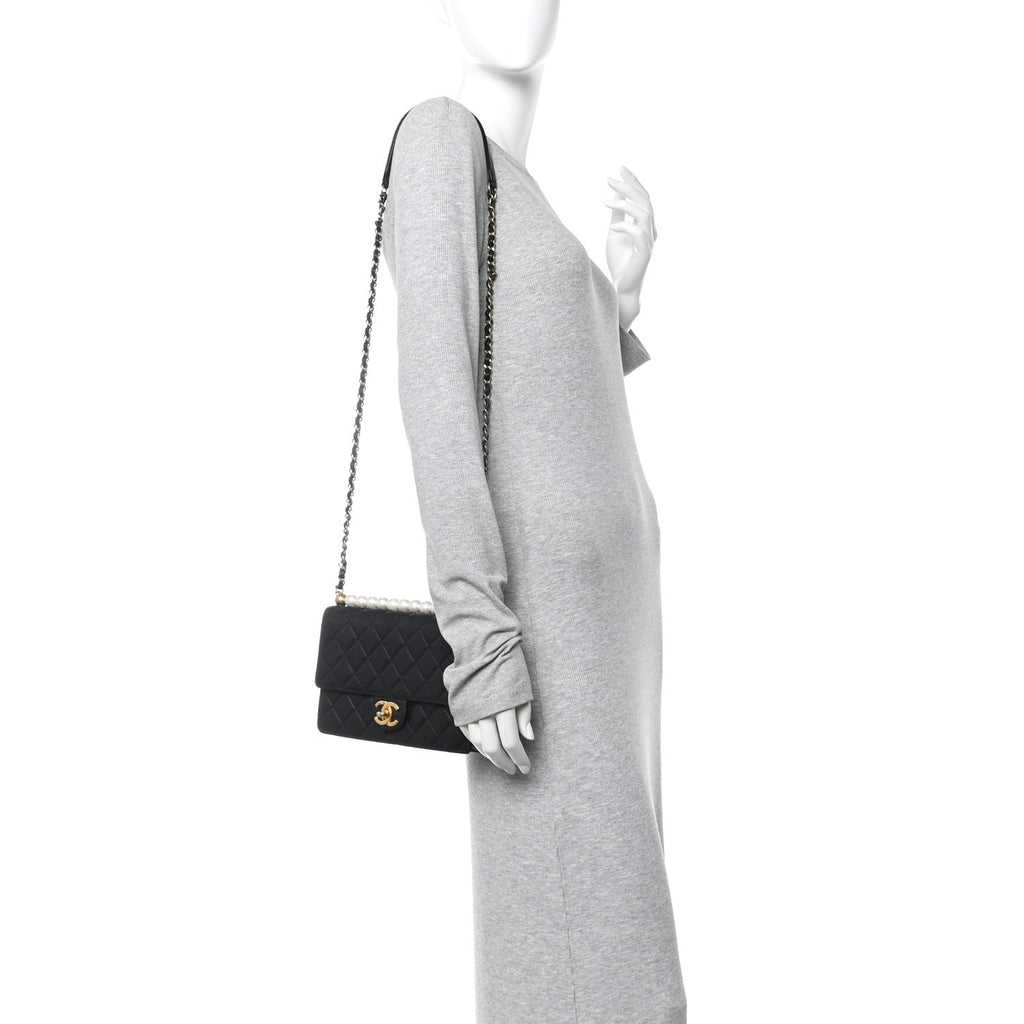 Goatskin Quilted Small Chic Pearls Flap Black