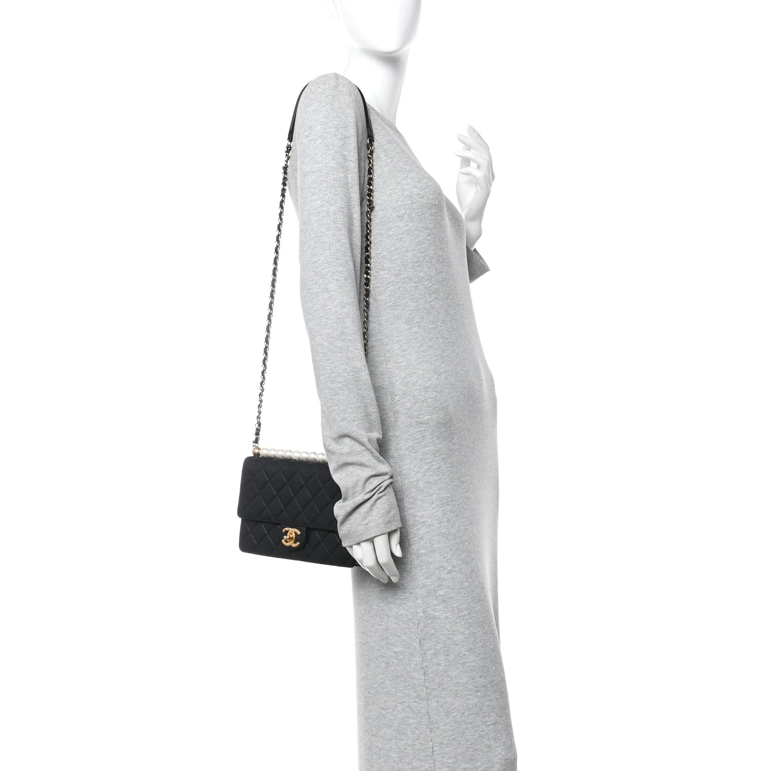 Goatskin Quilted Small Chic Pearls Flap Black