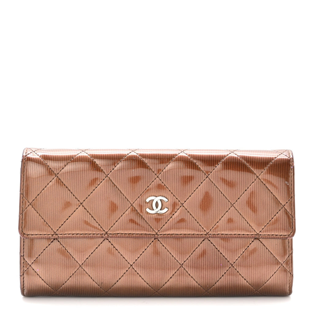 Striated Patent Quilted Large Gusset Flap Wallet Bronze